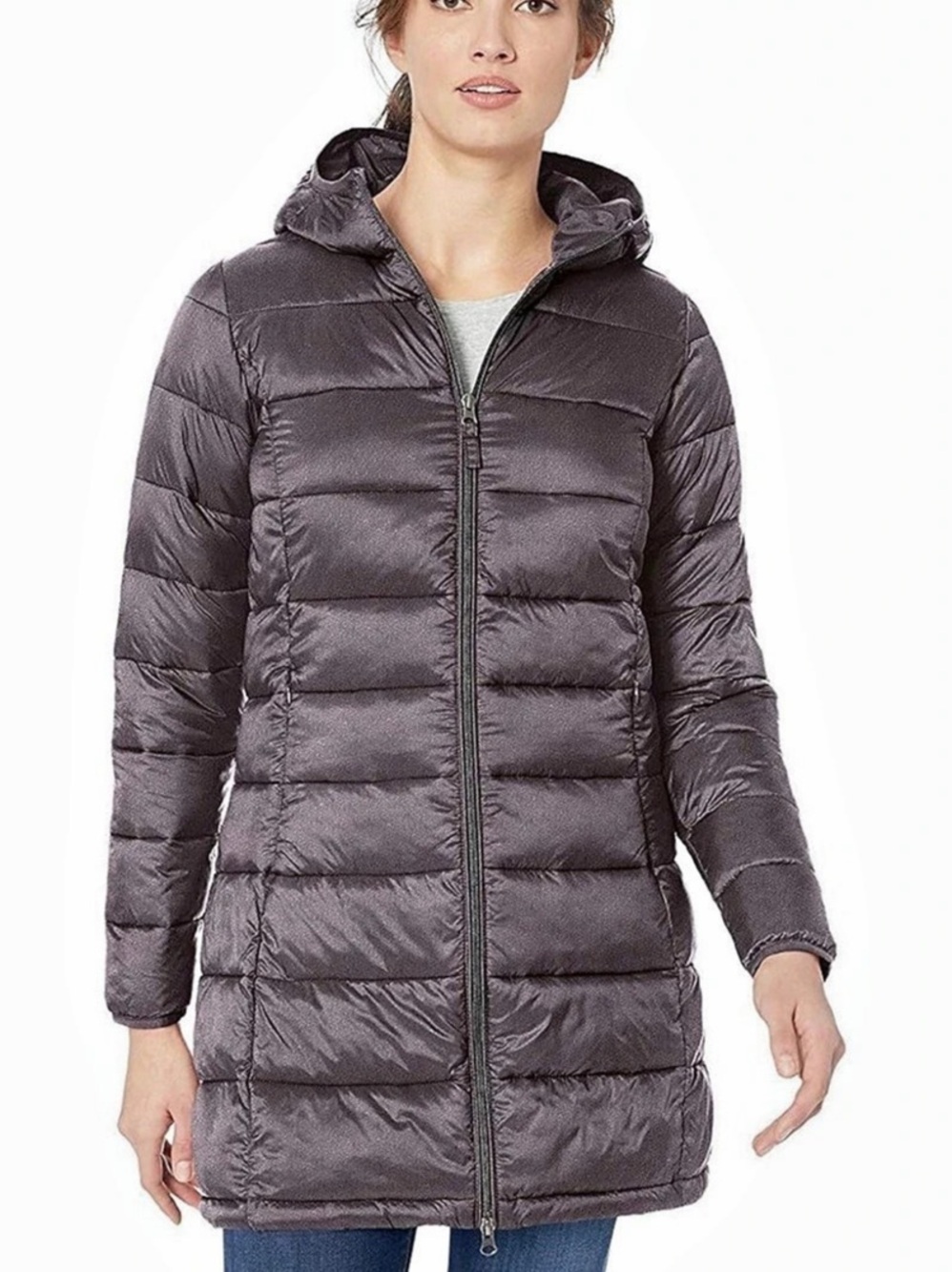 Amazon Basics Lightweight Women's Down W/Parka Gray Hooded Puffer Coat-Like New
